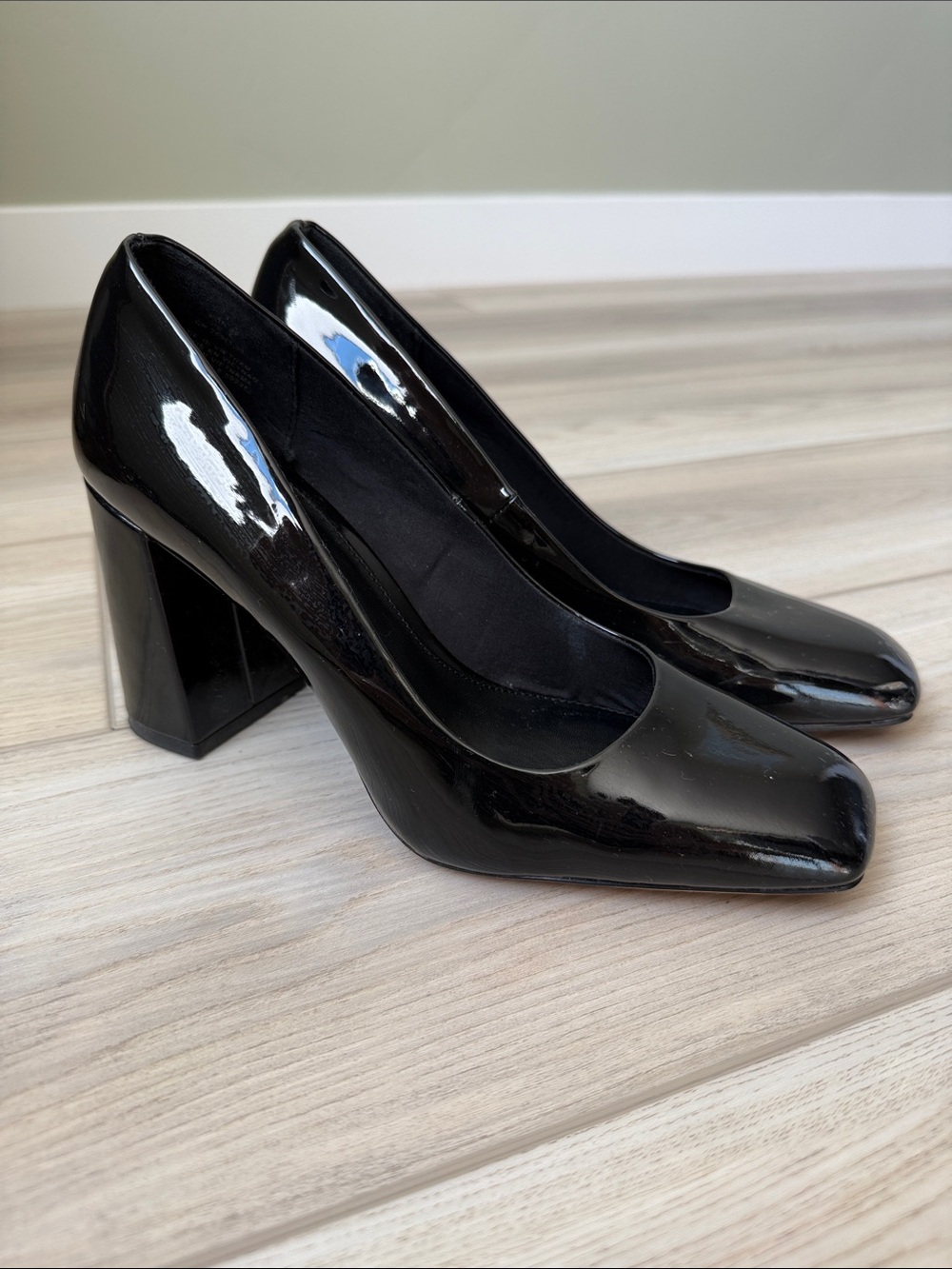 H&M Black Patent Square Toe Block Heel Pumps